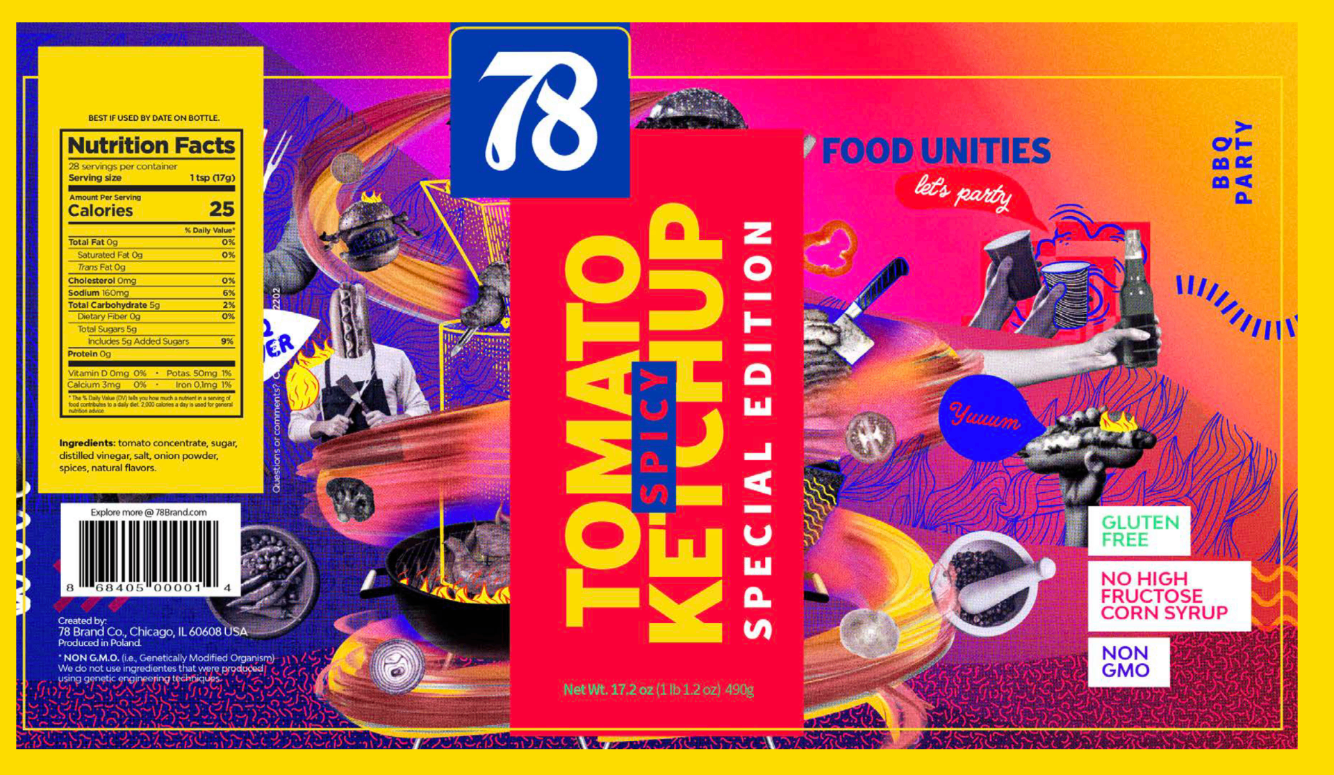 Co-branded 78 ketchup label example for 78 BBQ Party